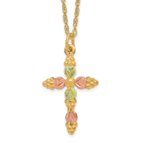 10k and 12k Tri-color Black Hills Gold Grapes and Leaves Cross 14k Gold-filled Chain 18 inch Necklace