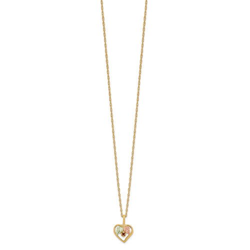 10k and 12k Tri-color Black Hills Gold Garnet and Leaves in Heart 14k Gold-filled Chain 18 inch Necklace