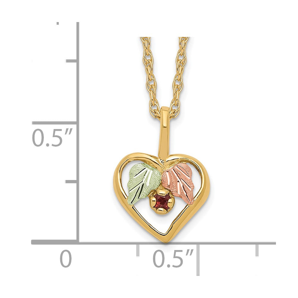 10k and 12k Tri-color Black Hills Gold Garnet and Leaves in Heart 14k Gold-filled Chain 18 inch Necklace