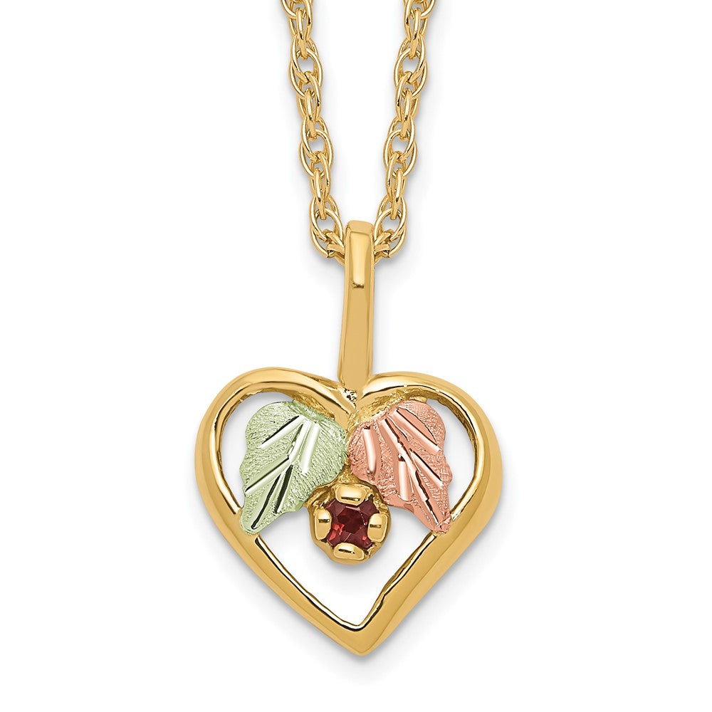 10k and 12k Tri-color Black Hills Gold Garnet and Leaves in Heart 14k Gold-filled Chain 18 inch Necklace