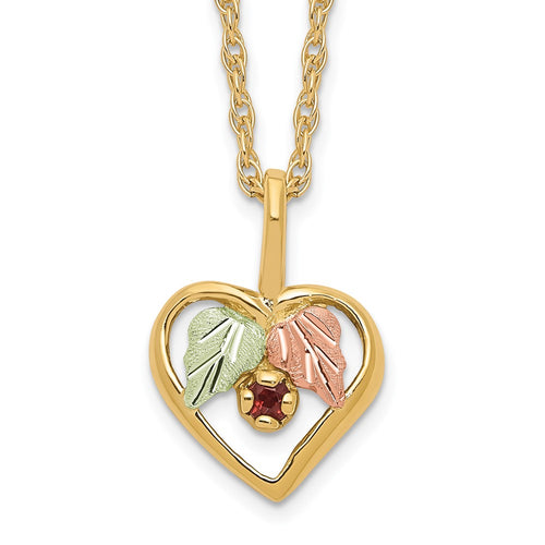 10k and 12k Tri-color Black Hills Gold Garnet and Leaves in Heart 14k Gold-filled Chain 18 inch Necklace