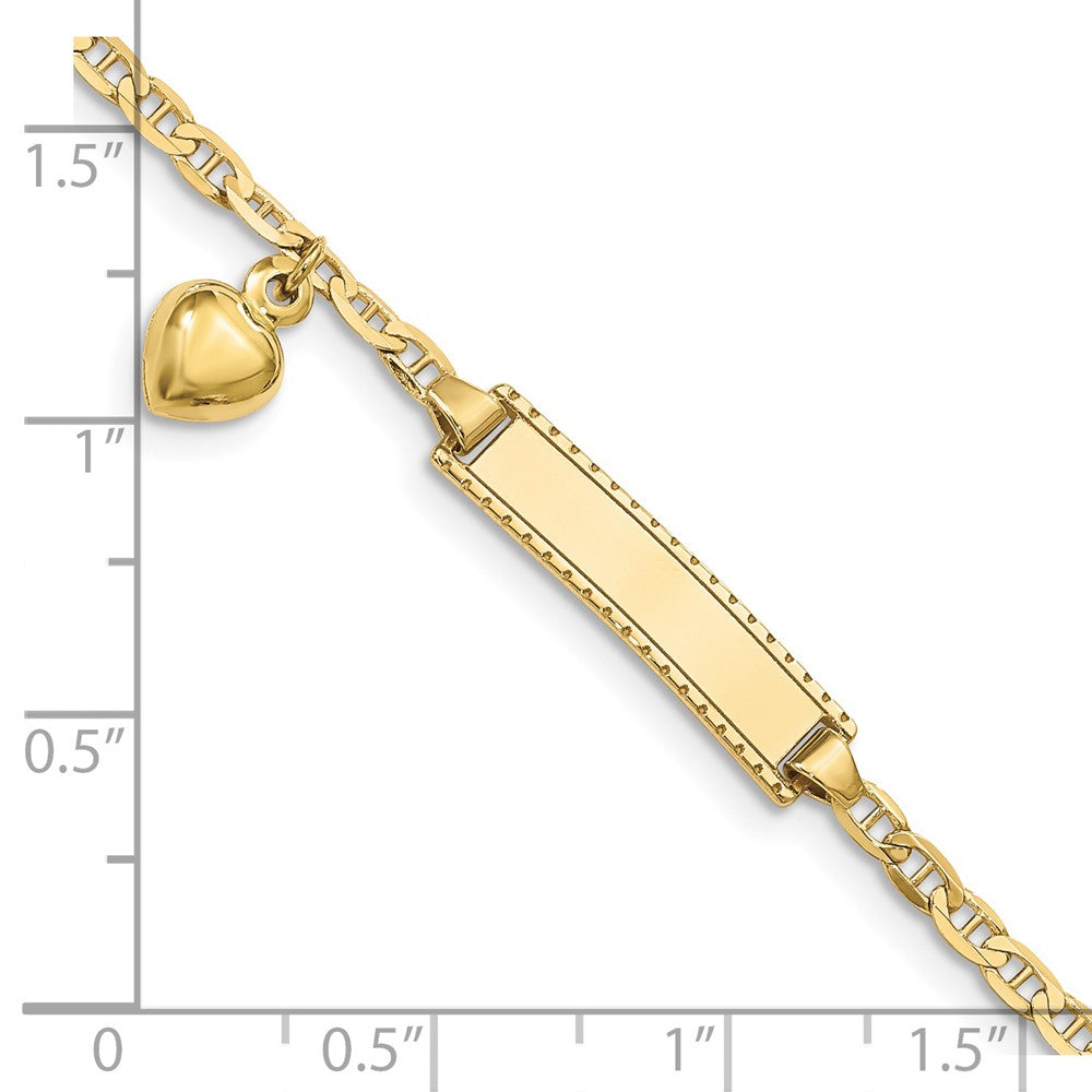 10k Polished Solid Chain/Solid Plate Puffed Heart Dangle Anchor Link 20x5mm Plate 6 inch Baby/Child ID Bracelet