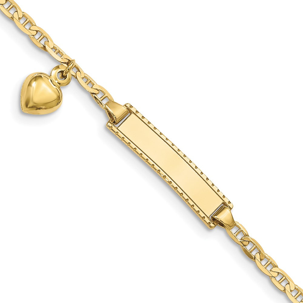 10k Polished Solid Chain/Solid Plate Puffed Heart Dangle Anchor Link 20x5mm Plate 6 inch Baby/Child ID Bracelet