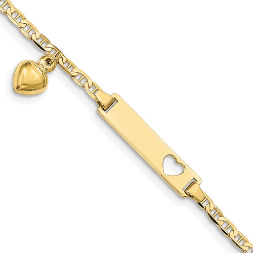 10k Polished Solid Chain/Solid Plate Cut-out Heart with Puffed Heart Dangle Anchor Link 22x5mm Plate 6 inch Baby/Child ID Bracelet