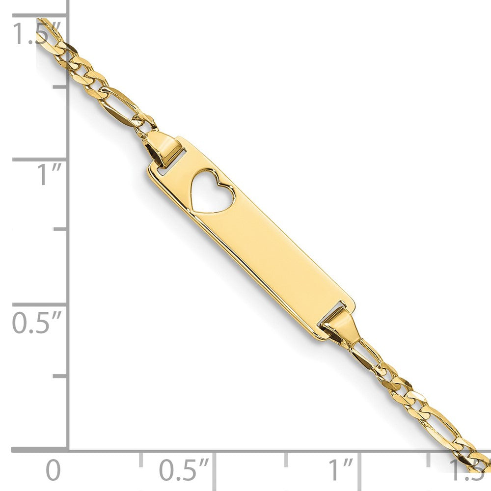 10k Polished Solid Chain/Solid Plate Figaro Link Cut-out Heart 21x5mm Plate 5.5 inch Baby/Child ID Bracelet