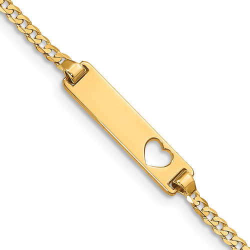 10k Polished Solid Chain/Solid Plate Curb Link Cut-out Heart 21x5mm Plate 5.5 inch Baby/Child ID Bracelet