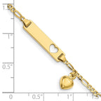 10k Polished Solid Chain/Solid Plate Cut-out Heart with Puffed Heart Dangle Figaro Link 21x5mm Plate 6 inch Baby/Child ID Bracelet
