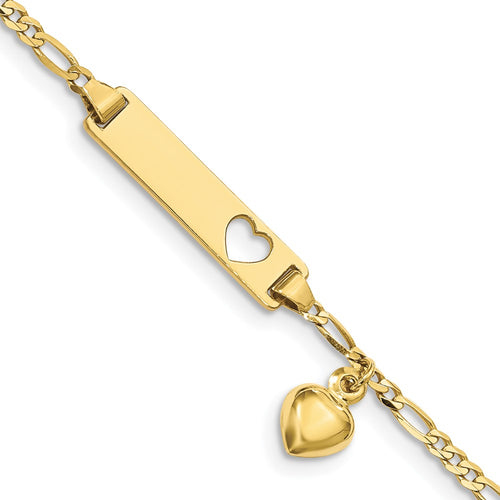 10k Polished Solid Chain/Solid Plate Cut-out Heart with Puffed Heart Dangle Figaro Link 21x5mm Plate 6 inch Baby/Child ID Bracelet