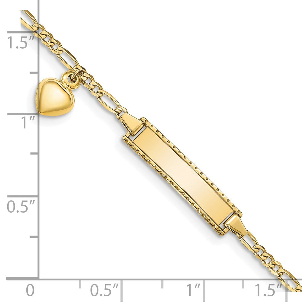 10k Polished Solid Chain/Solid Plate Puffed Heart Dangle Figaro Link 21x6mm Plate 6 inch Baby/Child ID Bracelet