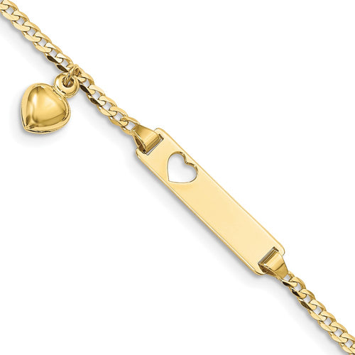 10k Polished Solid Chain/Solid Plate Cut-out Heart with Heart Dangle Curb Link 21x5mm Plate 6 inch Baby/Child ID Bracelet