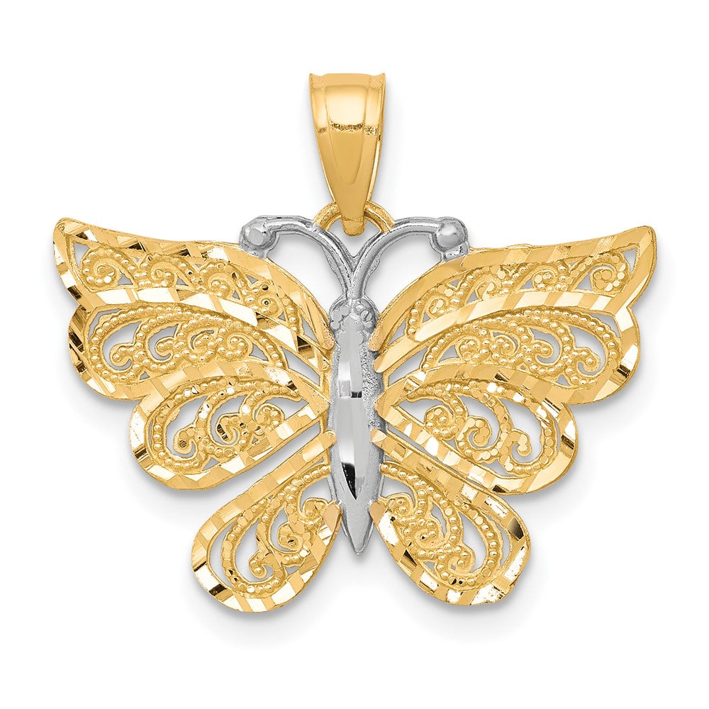 10K and White Rhodium Filigree Butterfly Pendant