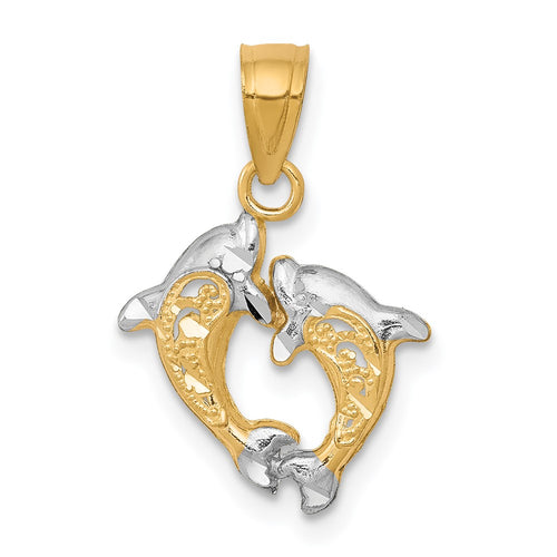 10K and White Rhodium Small Two Dolphins Charm