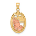 10k Two-tone Praying Hands with Cross and Holy Bible in Oval Pendant