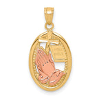 10k Two-tone Praying Hands with Cross and Holy Bible in Oval Pendant