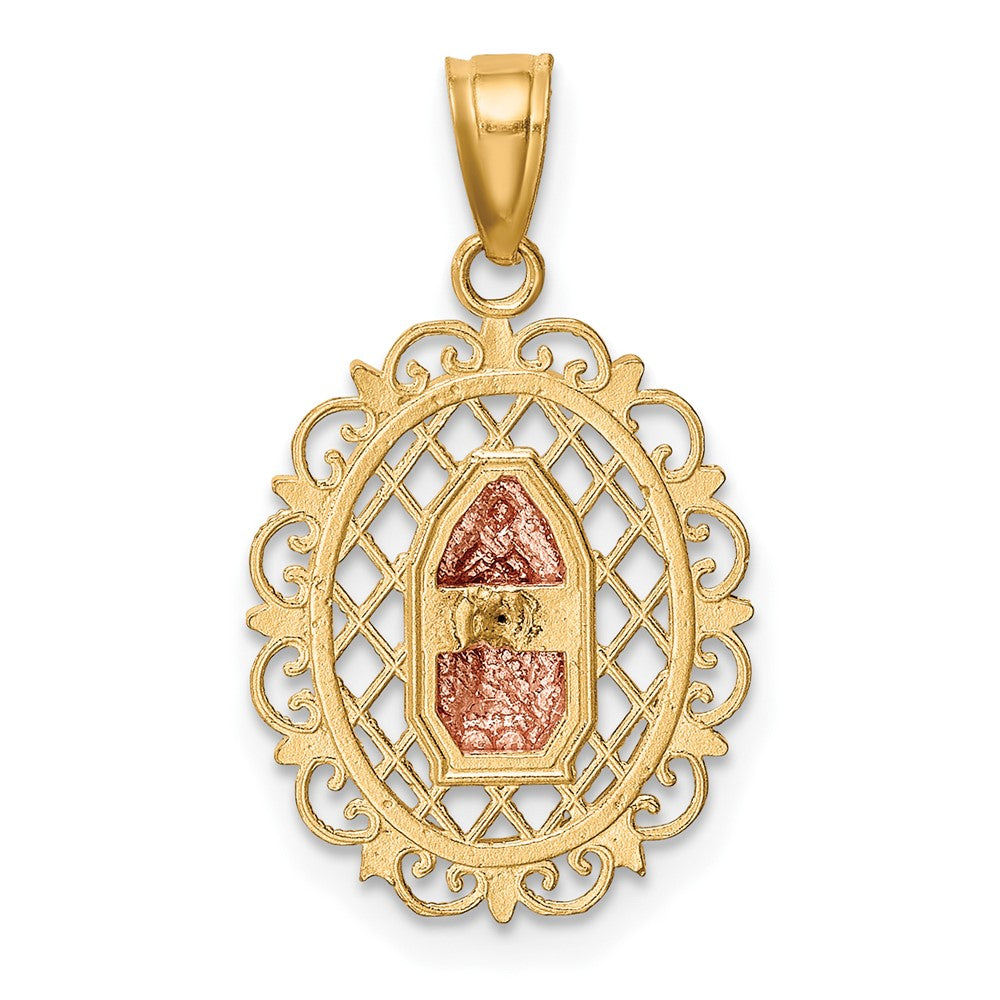 10k Two-tone and White Rhodium Oval Our Lady of Guadalupe with Scalloped Border Pendant