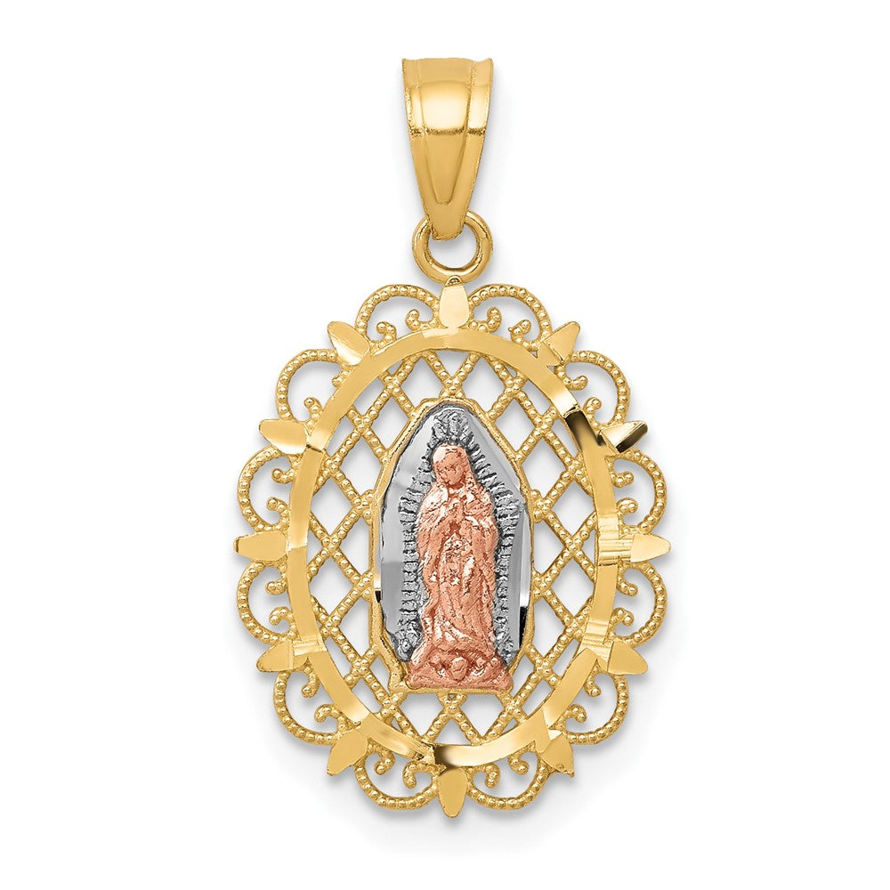 10k Two-tone and White Rhodium Oval Our Lady of Guadalupe with Scalloped Border Pendant