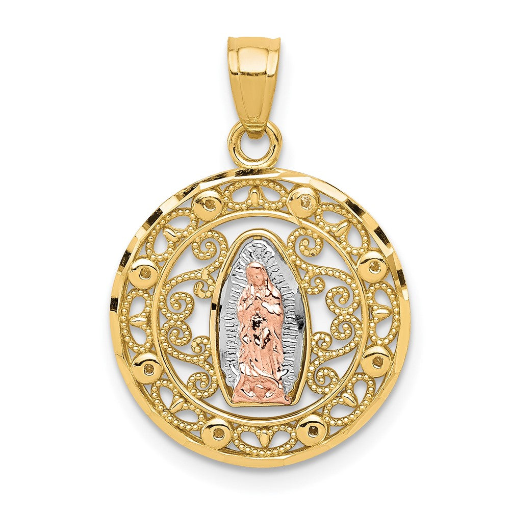 10k Two-tone and White Rhodium Round Our Lady of Guadalupe Pendant