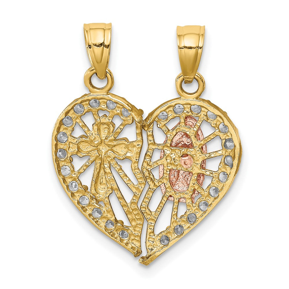 10k Two-tone and White Rhodium CZ Our Lady of Guadalupe / Cross Break-apart Heart Pendant