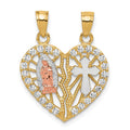 10k Two-tone and White Rhodium CZ Our Lady of Guadalupe / Cross Break-apart Heart Pendant