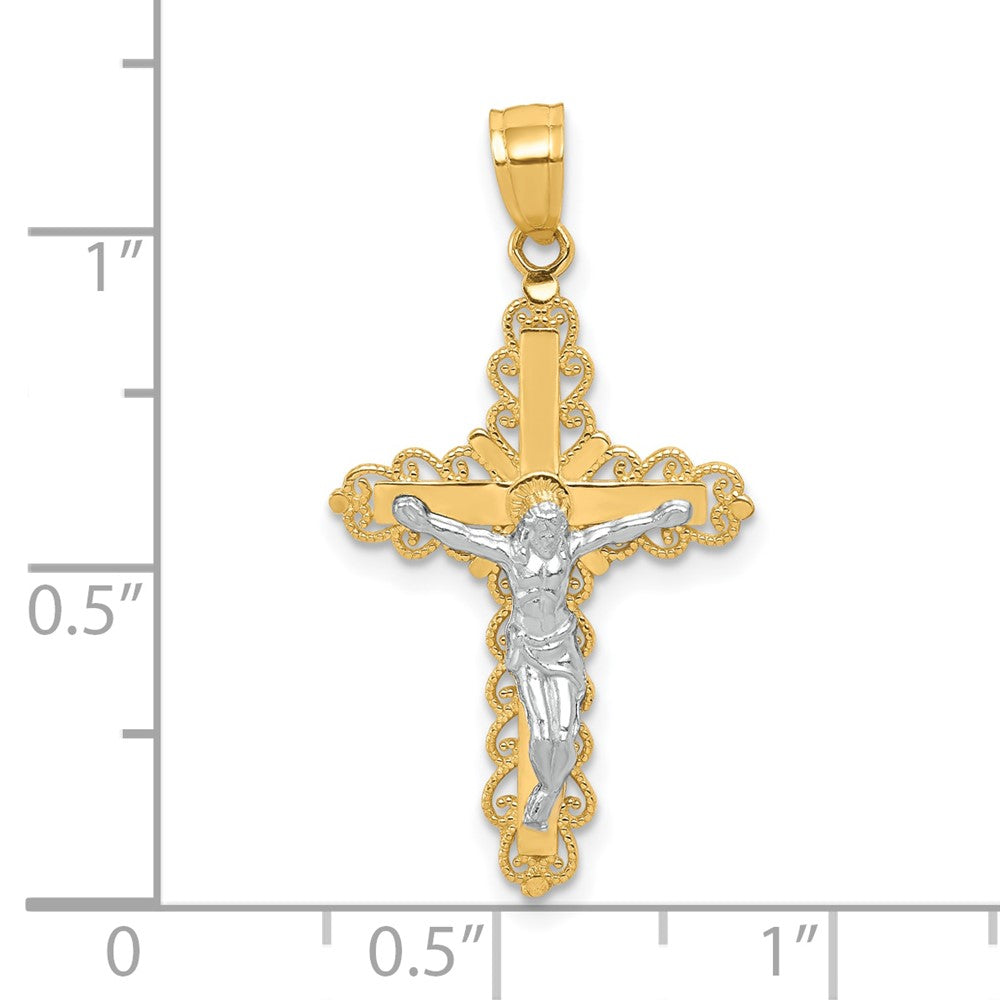 10K and White Rhodium Filigree Crucifix Pendant