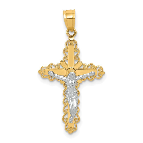 10K and White Rhodium Filigree Crucifix Pendant