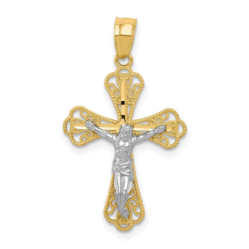 10K and White Rhodium Filigree Crucifix Pendant