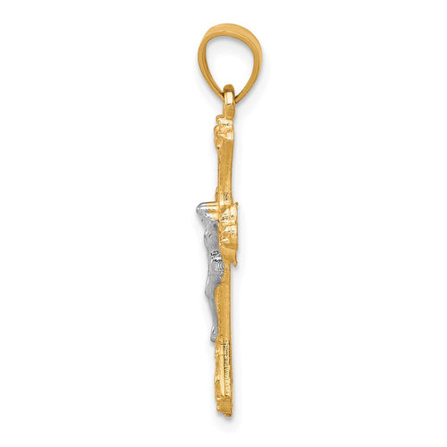 10K and White Rhodium Fleur De Lis Crucifix Pendant