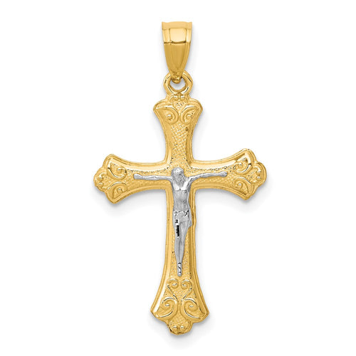 10K and White Rhodium Fleur De Lis Crucifix Pendant