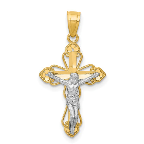 10K and White Rhodium Filigree Crucifix Pendant