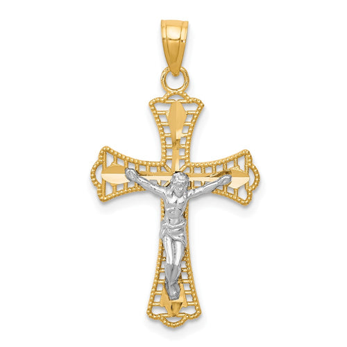 10K and White Rhodium Diamond-Cut Crucifix Pendant