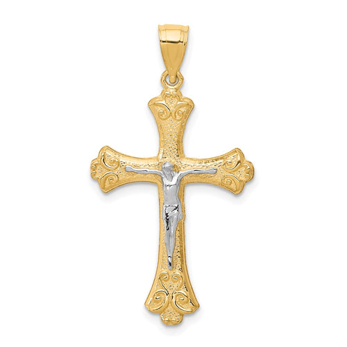 10K and White Rhodium Fleur De Lis Crucifix Pendant