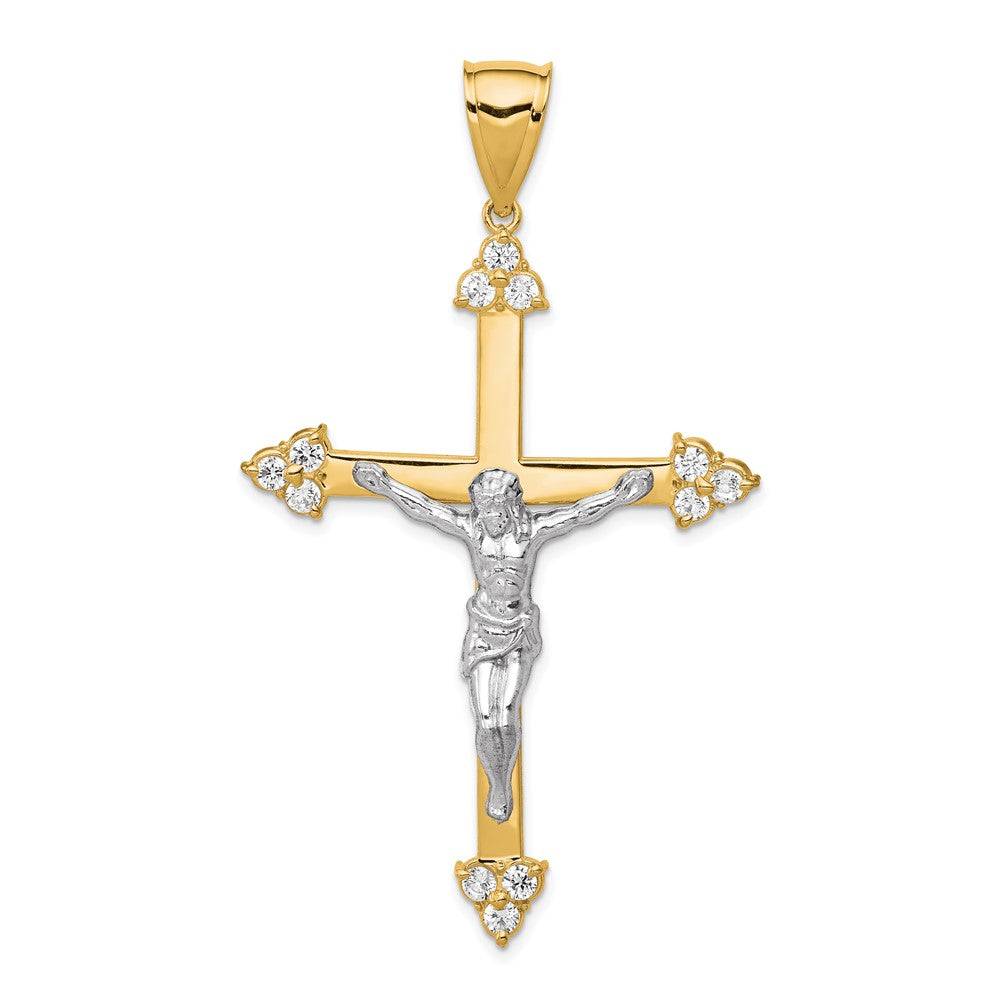10K and White Rhodium Polished CZ Large Crucifix Pendant