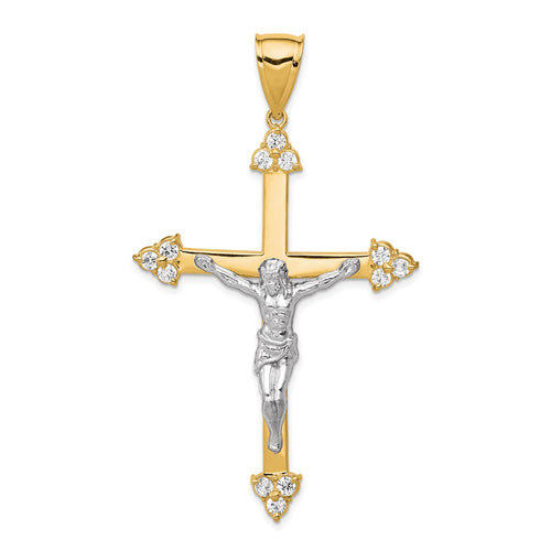10K and White Rhodium Polished CZ Large Crucifix Pendant