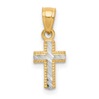 10K and White Rhodium Tiny Diamond-Cut Cross Pendant