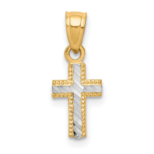 10K and White Rhodium Tiny Diamond-Cut Cross Pendant