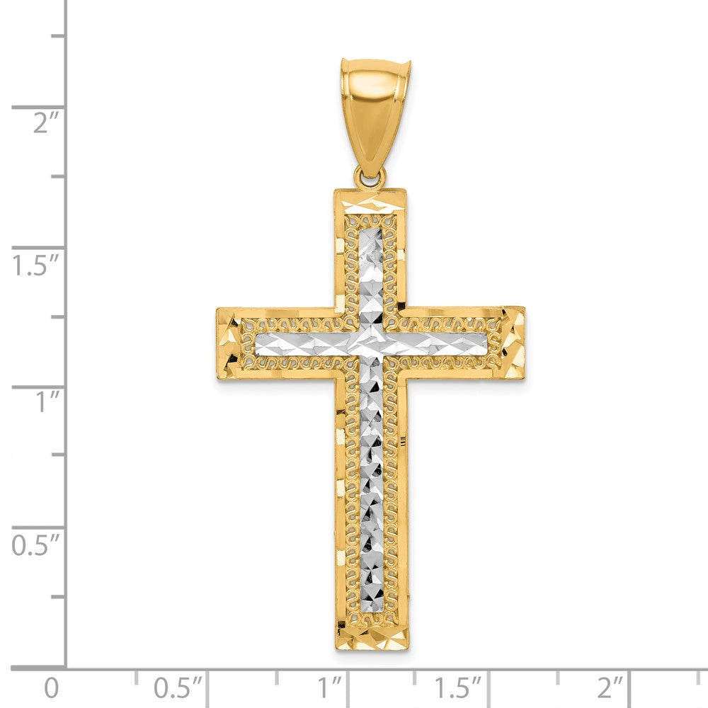 10K and White Rhodium Large Diamond-Cut Cross Pendant