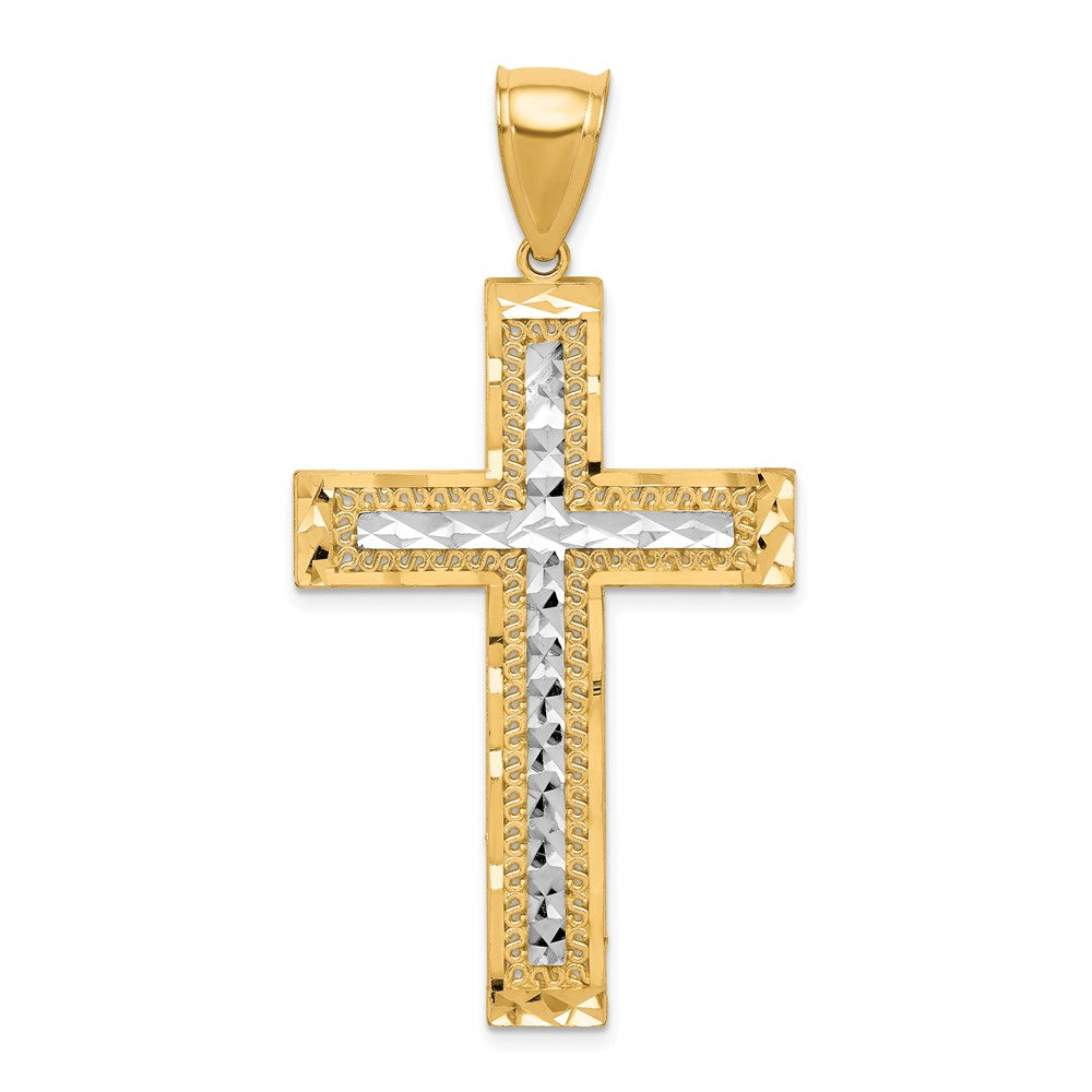 10K and White Rhodium Large Diamond-Cut Cross Pendant