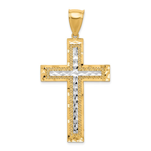10K and White Rhodium Large Diamond-Cut Cross Pendant