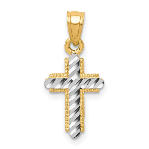10K and White Rhodium Diamond-Cut Cross Pendant