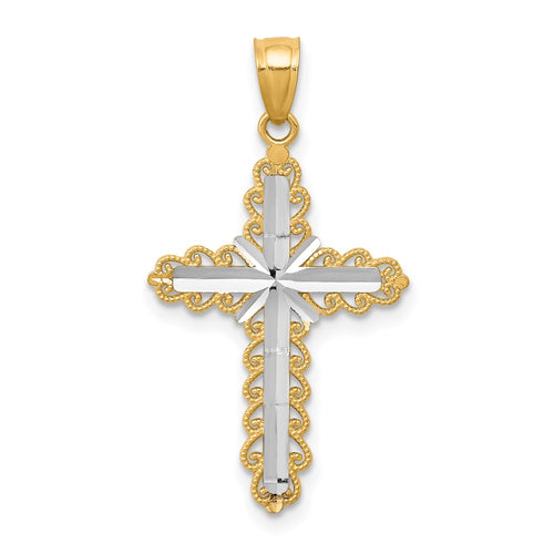 10K and White Rhodium Diamond-Cut Cross Pendant