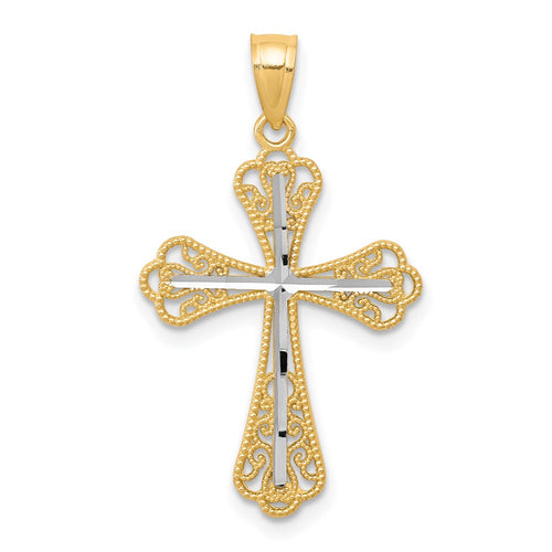 10K and White Rhodium Diamond-Cut Cross Pendant