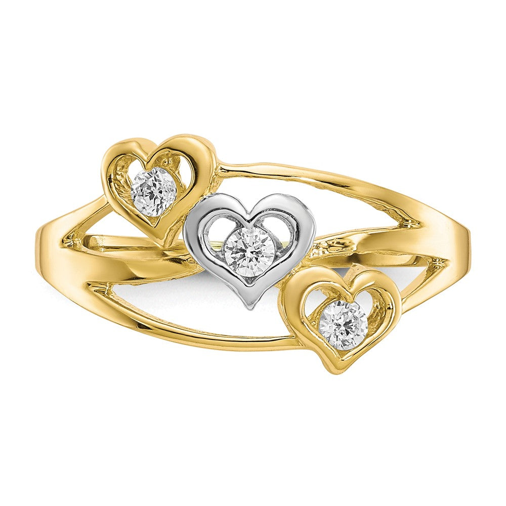 10K and White Rhodium Triple Heart 3-Stone CZ Ring