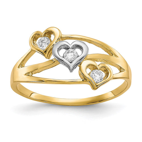 10K and White Rhodium Triple Heart 3-Stone CZ Ring