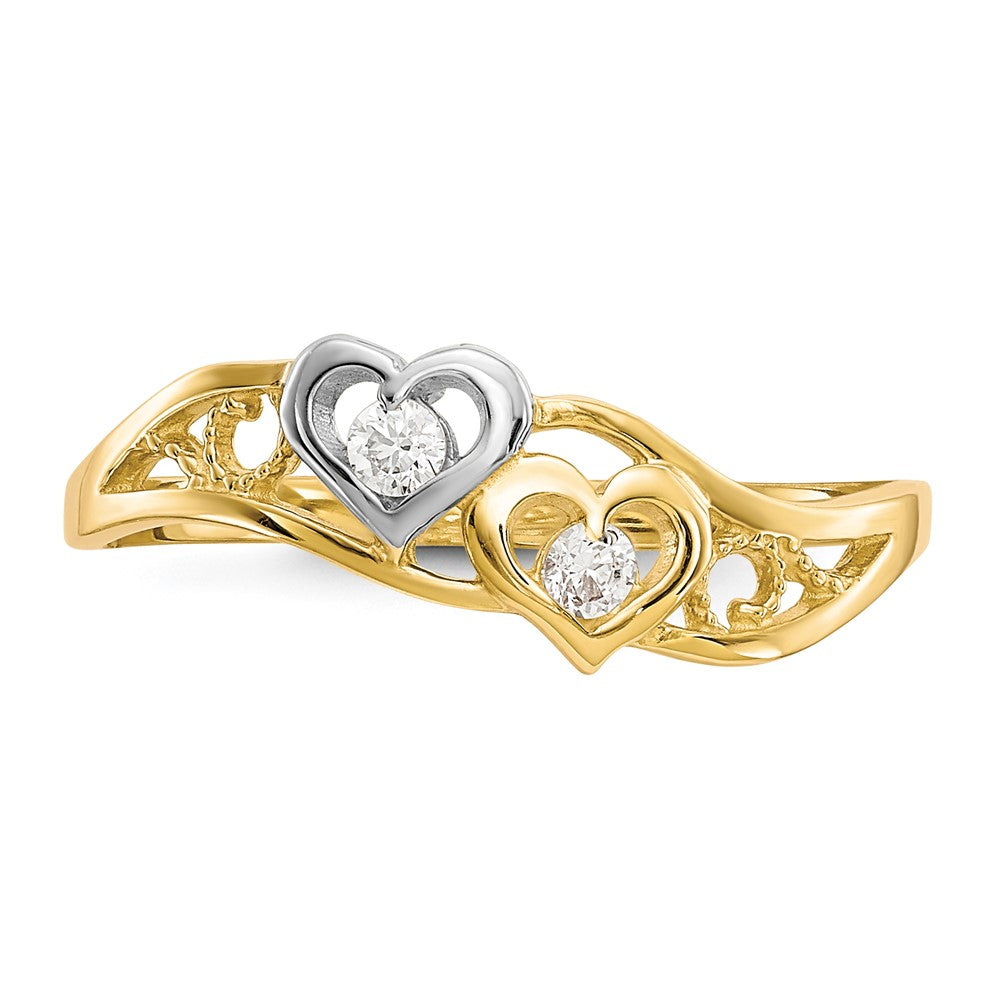 10K and White Rhodium Double Heart CZ Ring