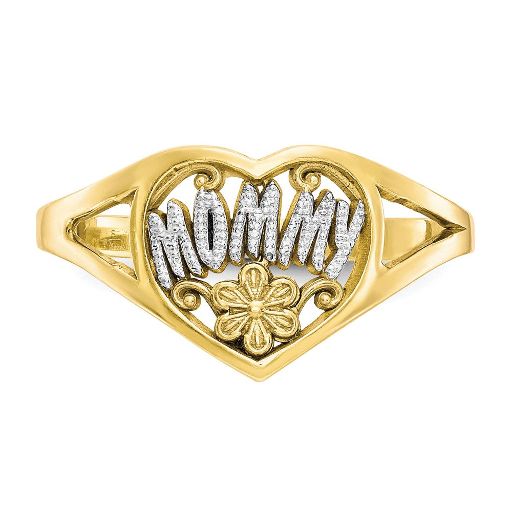 10K and White Rhodium MOMMY with Flower Heart Ring