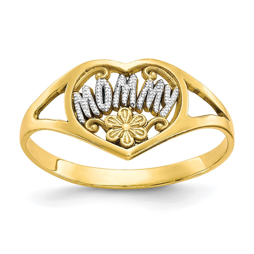 10K and White Rhodium MOMMY with Flower Heart Ring