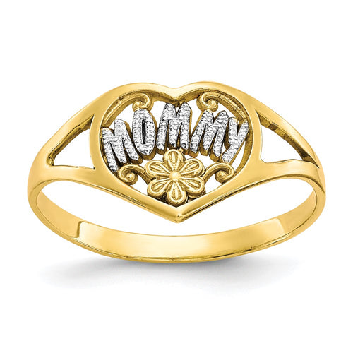 10K and White Rhodium MOMMY with Flower Heart Ring