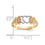 10K Two-Tone and White Rhodium Double Heart and Flowers Ring