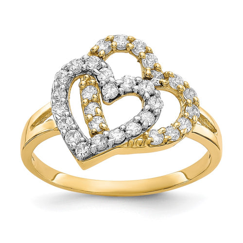 10K and White Rhodium Double Heart CZ Ring
