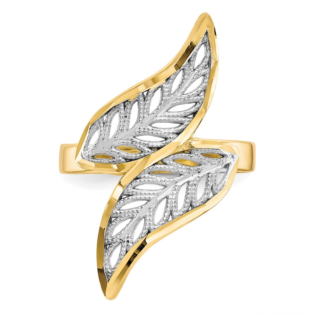 10K and White Rhodium Diamond-Cut Filigree Leaves Bypass Ring